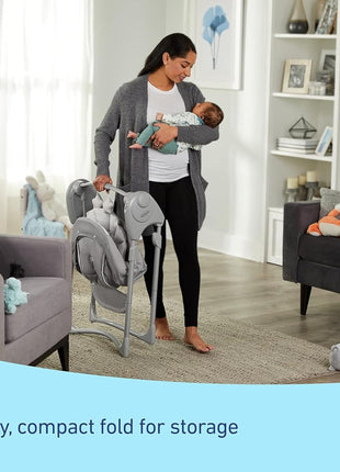 Graco Slim Spaces Compact Baby Swing, Space Saving Portable Bay Swing with Height Adjustable Legs & Soft Toys, Reign