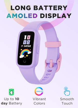 BIGGERFIVE Vigor 3 Kids Fitness Tracker Watch, AMOLED Screen, No App No Phone Needed, 3ATM Waterproof, Heart Rate and Sleep Monitor, Pedometer Watch, Sports Step Counter for Girls Ages 5-15, Lilac