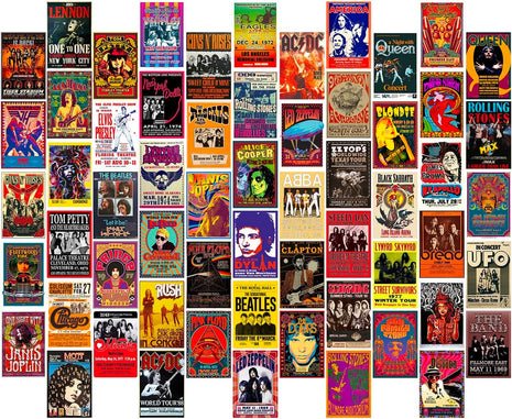 WOONKIT 60 PC Vintage Rock Band Posters, 70s 80s 90s Retro Concert Prints, Bedroom Wall Art, Album Cover Collage, 4x6 Inch (Set of 60)