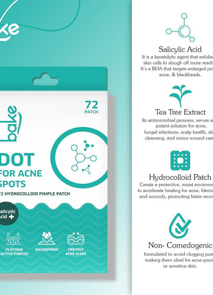 BAKE Salicylic Acid Pimple Patches, 72 Dots, Hydrocolloid Waterproof Acne Treatment, All Skin Types