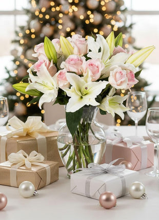Benchmark Bouquets - Oriental Lily Flower & Pink Roses Bouquet - Fresh Flowers for Delivery - Real Flowers in a Vase - Romantic Gift Set - Easter Gifts (Glass Vase Included)
