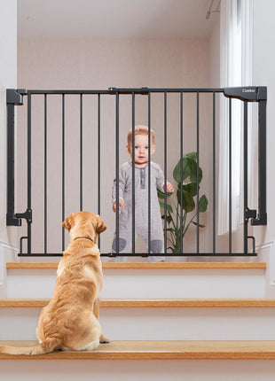 Cumbor 29.2–43" Baby Gate for Stairs, Hardware Mounted (Drill Required), Expandable No Bottom Bar Dog Gate, Auto Close Extra Wide Walk Thru, Pet & Toddler Proof Gate, Top & Bottom of Stairways(Black)