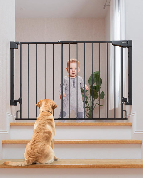 Cumbor 29.2–43" Baby Gate for Stairs, Hardware Mounted (Drill Required), Expandable No Bottom Bar Dog Gate, Auto Close Extra Wide Walk Thru, Pet & Toddler Proof Gate, Top & Bottom of Stairways(Black)