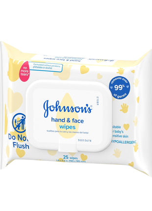 Johnson's Baby Disposable Hand & Face Cleansing Wipes, Pre-Moistened Wipes Gently Remove 99% of Germs & Dirt from Delicate Skin, Paraben-, Phthalate- & Alcohol-Free, Hypoallergenic, 25 Count