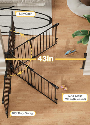 Cumbor 29.2–43" Baby Gate for Stairs, Hardware Mounted (Drill Required), Expandable No Bottom Bar Dog Gate, Auto Close Extra Wide Walk Thru, Pet & Toddler Proof Gate, Top & Bottom of Stairways(Black)