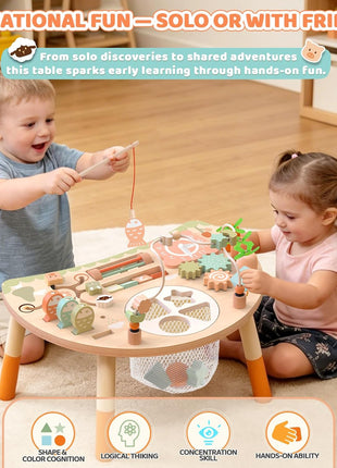Wooden Activity Table for Toddlers, 9 in 1 Montessori Toy | Sensory Learning, Bead Maze, Shape Sorter, Fishing Game, Spinning Gears, Wood, CPSIA Certified, Gift for Boys Girls
