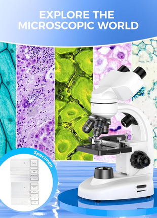 Compound Binocular Microscope for Kids & Students, 40X-2000X Magnification, Microscope Kit with Slides & Specimens, Lab Equipment for School Biology Class & Home Science Experiments