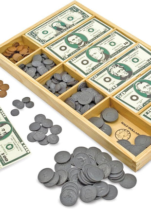 Melissa & Doug Play Money Set - Educational Toy with Paper Bills and Plastic Coins (50 of Each Denomination) and Wooden Cash Drawer for Storage