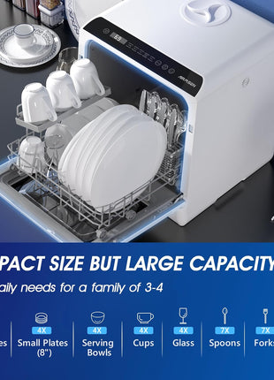 AIRMSEN Portable Countertop Dishwashers, 5 Washing Programs Mini Dishwashers with 5 L Built-in Water Tank and Double-layered Glass Door, No Hookup Needed for Home, Apartments & RVs