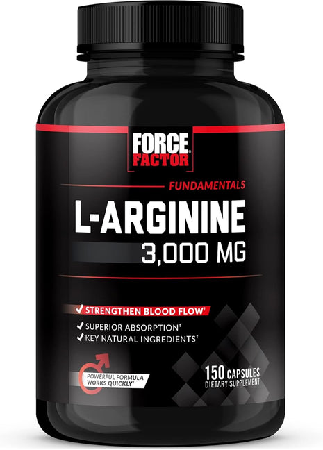 Force Factor L-Arginine 3000mg, Nitric Oxide Supplement, 150 Capsules | Support Stronger Blood Flow, Circulation, Nutrient Delivery & Pumps, L-Arginine with BioPerine for Superior Absorption