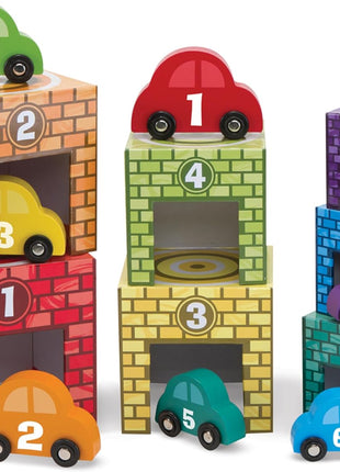 Melissa & Doug Nesting and Sorting Garages and Cars with 7 Graduated Garages and 7 Stackable Wooden Cars - FSC Certified