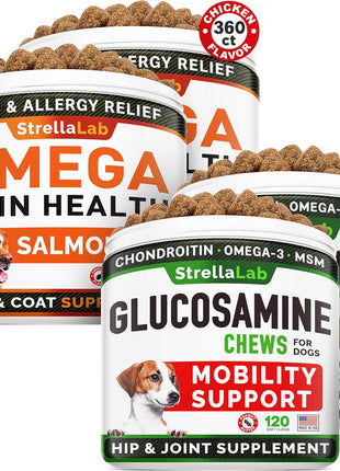 Omega 3 + Glucosamine Dogs Bundle - Allergy & Itch Relief Skin&Coat Supplement - Omega 3 & Pumpkin + Chondroitin, MSM - Dry Itchy Skin, Hot Spots Treatment + Hip & Joint Care - 600 Chews - Made in USA