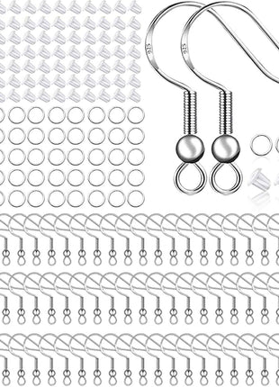 925 Sterling Silver Plated Earring Hooks 150 PCS/75 Pairs,Ear Wires Fish Hooks,500pcs Hypoallergenic Earring Making kit with Jump Rings and Clear Silicone Earring Backs Stoppers (Silver)
