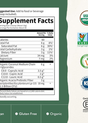 Garden of Life Dr. Formulated Keto Organic MCT Powder - 30 Servings, 6g MCTs from Coconuts Plus Prebiotic Fiber & Probiotics, Certified Organic, Non-GMO, Vegan, Gluten Free