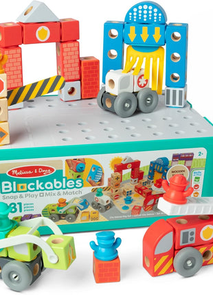 Melissa & Doug BlockablesTM Deluxe City Snap and Play, Mix and Match Connectable Wooden Building Blocks Set with Storage Bin and Play Lid (122 Pcs) Ages 2 to 7- FSC Certified