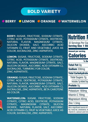 DripDrop Hydration Packets   Bold Variety Pack   Single Serve Electrolytes Powder Drink Mix   Watermelon, Berry, Lemon, Orange   Non GMO, Gluten Free, Vegan   32 Sticks