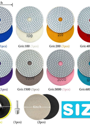 4 Inch Diamond Polishing Pads with 5/8''-11 Backer Pad, 12PCS Wet/Dry Granite Stone Polish Pad Kit for Drill, Grinder, Polisher, 50-6000 Grit Polishing Pad for Concrete Marble Rock Countertop Quartz