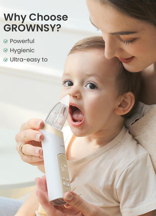 GROWNSY Nasal Aspirator for Baby, Electric Baby Nose Sucker, Automatic Nose Cleaner with Larger Suction Chamber and More Powerful Suction, Music and Light Soothing Function, Beige
