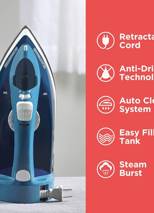 BLACK+DECKER Steam Iron for Clothes with Retractable Cord | Retractable-cord steam iron with anti-drip, vertical steam, auto clean and spray mist for easy ironing.