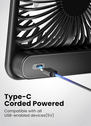 Koonie USB Desk Fan, Strong Wind Ultra Quiet Small Mini Fan | 180° Tilt Folding & 3 Speeds Adjustable, USB-C Corded Powered Personal Fan for Office Desktop Bedroom, Black, NO BATTERY
