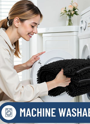 Smiry Luxury Chenille Bathroom Rugs 30x20, Extra Soft and Absorbent Shaggy Bath Mat, Machine Washable, Non Slip Plush Carpet Runner for Tub, Shower, and Floor, Home Decor Accessories, Black