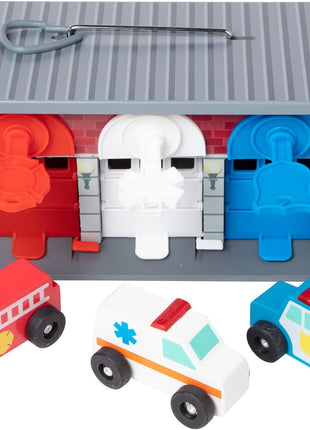 Melissa & Doug Toy Keys and Cars Wooden Rescue Vehicles and Garage (7 pcs) Toddler Pull Back Toys, Toy Garage for Kids Ages 3+