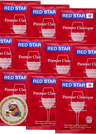 Red Star Premier Classique Wine Yeast (10 Pack) - Great for Making Wine Cider Mead Kombucha at Home - 5 g Sachets - Saccharomyces cerevisiae - Sold by CAPYBARA Distributors Inc.