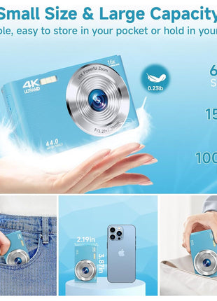 SMARTKLIK Digital Camera for Teens, FHD 4K 44MP with 64GB SD Card, 16X Digital Zoom, Compact Point Shoot Camera Blue