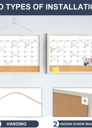 Calendar Whiteboard for Wall, TANKEE 17x13 Inches Whiteboard Calendar Cork Board Combo, Small Magnetic White Board with Wood Framed, Hanging Dry Erase Board for Kitchen Home Office School Planner