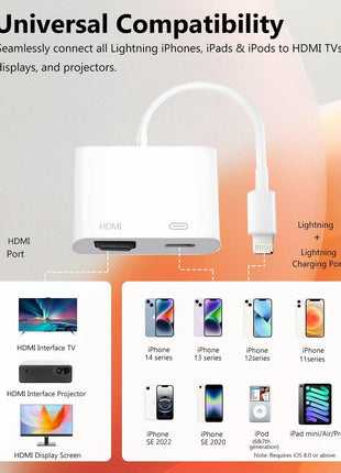 Lightning to HDMI Adapter for iPhone, [Apple MFi Certified] Digital AV Dongle, 1080P Sync Screen Cable with Lightning Charging Port for iPhone, iPad to TV/Projector/Monitor No Need Power Supply