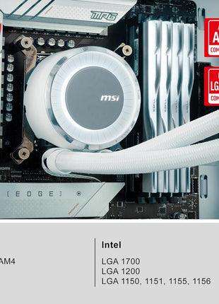 MSI MAG CoreLiquid E240 White - AIO ARGB CPU Liquid Cooler - Rotating Cap Design - 240mm Radiator - Dual 120mm ARGB PWM Fans - LGA 1700/1851 / AM5/AM4 Compatible