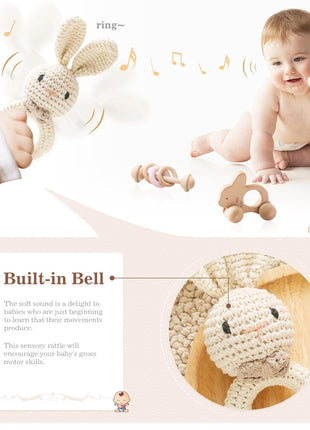 let's make Wooden Baby Rattle 3 PCS Push Car Rattle Set Crochet Rattle Ring Wooden Montessori Toy for Newborn Infant Baby Gifts (Rabbit Rattle)