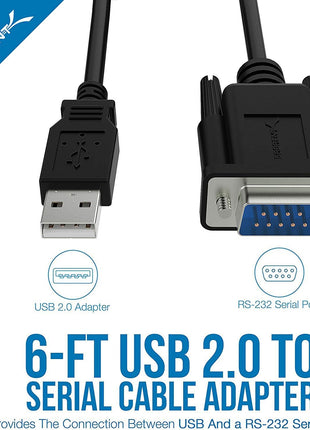 SABRENT USB 2.0 to Serial 9-Pin DB-9 RS-232 Cable, FTDI (CB-FTDI) | 6ft cable; FTDI chipset; connects serial/RS-232 devices to USB; Windows, macOS, Linux; serial to usb adapter; rs232 to usb