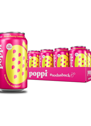 Poppi Sparkling Prebiotic Soda Beverage with Apple Cider Vinegar, Seltzer Water and Fruit Juice, Strawberry Lemon Flavor, 12 FL Oz, Pack of 12, Packaging May Vary