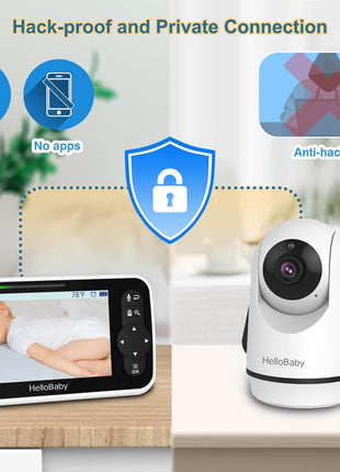HelloBaby 5 Inch Video Baby Monitor with Camera and Audio, Remote Pan-Tilt-Zoom Camera with Night Vision, 2-Way Talk, Temperature, 8 Lullabies and 1000ft Range Baby Monitor No WiFi Needed