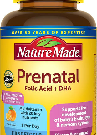 Nature Made Prenatal Vitamins for Women with Folic Acid + DHA, 110 Softgels | Prenatal Vitamin and Mineral Supplement for Daily Nutritional Support, With Folic Acid and 19 Other Nutrients, 110 Day Supply
