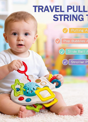 Baby Toys 6 to 12 Months, 5 In 1 Montessori Toys for 1 Year Old, Incl Travel Pull String Toy & Rattle Teether & Stacking Baby Block & Soft Infant Ring & Sensory Ball for Toddler 0-3-6-9-12 Month
