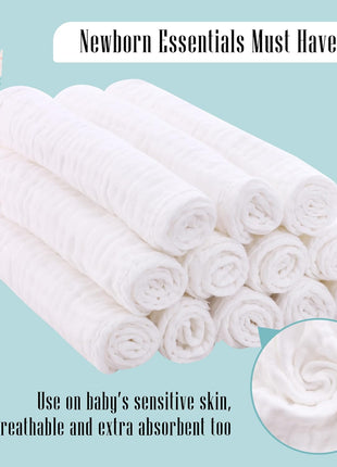 Cute Castle 12 Pack Muslin Burp Cloths for Baby - Ultra-Soft 100% Cotton Baby Washcloths - Large 20'' by 10'' Super Absorbent Milk Spit Up Rags - Burpy Cloths for Unisex, Boy, Girl - White