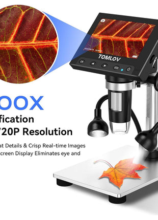 TOMLOV 1000X Coin Microscope with 4.3 inch Screen, Digital Microscope Magnifier with LED Lights, Metal Stand, PC View, Photo/Video, 32GB SD Card, Windows, macOS Compatible, DM4S