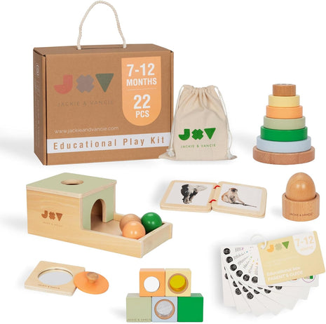 Jackie & Vancie Montessori Toy Set for Babies 7-12 Months Play Kit 6-in-1 Wooden Learning Toys with Object Permanence Box, Ring Stacker, Egg & Cup, Multipurpose Blocks and Mirror Puzzle