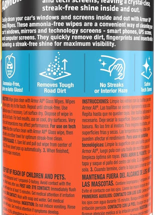 Armor All Car Glass Wipes, Auto Glass Cleaner for Film and Grime, 30 Count