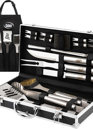 Kaluns Grilling Accessories, Dad Gifts for Fathers Day, Mothers Day Grilling Gifts, Heavy Duty Stainless Steel BBQ Tool Set for Outdoor Grill with Aluminum Case and Apron, Birthday Gifts for Men