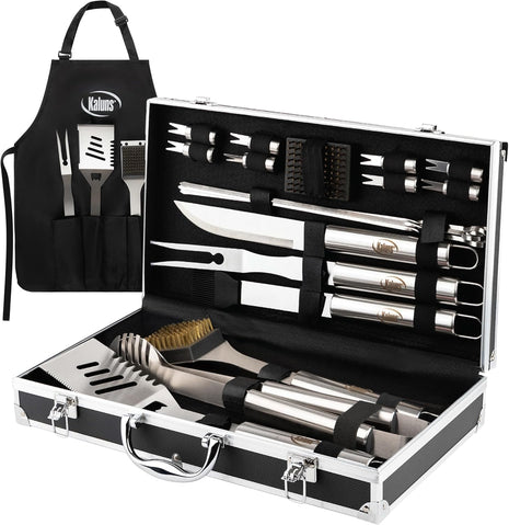 Kaluns Grilling Accessories, Dad Gifts for Fathers Day, Mothers Day Grilling Gifts, Heavy Duty Stainless Steel BBQ Tool Set for Outdoor Grill with Aluminum Case and Apron, Birthday Gifts for Men