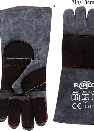 RAPICCA Animal Handling Gloves Bite Proof Double Leather Reinforced Padding Dog,Cat Scratch,Bird Handling Falconry Gloves Grabbing Reptile Squirrel Snake Bite 16in Grey-Black