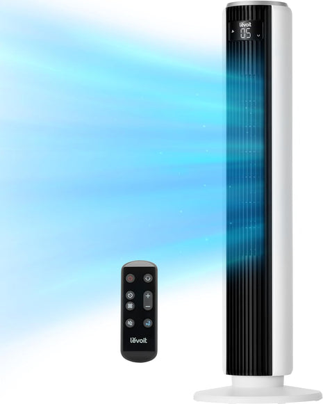 Levoit Tower Fan for Bedroom, 28ft/s Fans that Blow Cold Air, 28dB Quiet | Standing Floor Fan for Room, 90° Oscillating, 5 Speeds 4 Modes & Temp Sensor, Bladeless, 12H Timer, Remoter, 36 inch, White