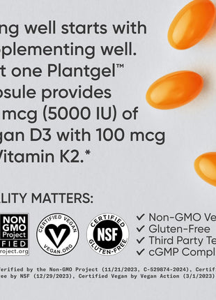 Sports Research® Vitamin D3 + K2 w/ Coconut Oil - Vegan Vitamin D 5000iu & Mk7 Vitamin K 100mcg for Bone & Immune Support - Vegan Certified · Non-GMO · Soy Free - 60 Softgels