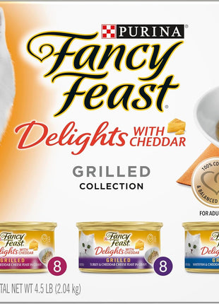 Purina Fancy Feast Delights with Cheddar Grilled Chicken, Turkey or Whitefish and Cheddar Cheese Feast in Gravy Wet Cat Food Variety Pack - (Pack of 24) 3 oz. Cans