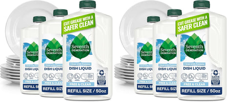 Seventh Generation Dish Soap Refill, Free & Clear, 50 fl oz, Plant-Based Dishwashing Liquid for Grease & Tough Food Messes, For Sensitive Skin (Pack of 6)
