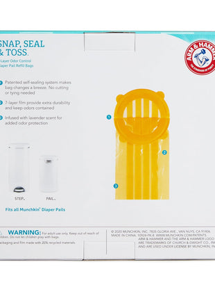Munchkin Arm & Hammer Diaper Pail Refill Bags, Snap, Seal, Toss Disposable Diaper Trash Bags, Lavender Scented, 20 Pack, Holds up to 600 Newborn Diapers