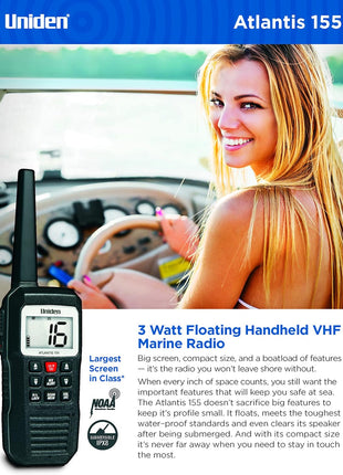 Uniden Atlantis 155 Handheld Two-Way VHF Marine Radio, Floating IPX8 Submersible Waterproof, Dual-Color Screen, All USA/International/Canadian Marine Channels, NOAA Weather Alert, 10 Hour Battery